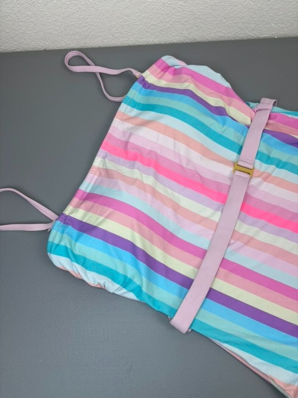 Beach Joy women's medium pastel rainbow striped one piece swimsuit belted - Picture 4 of 10